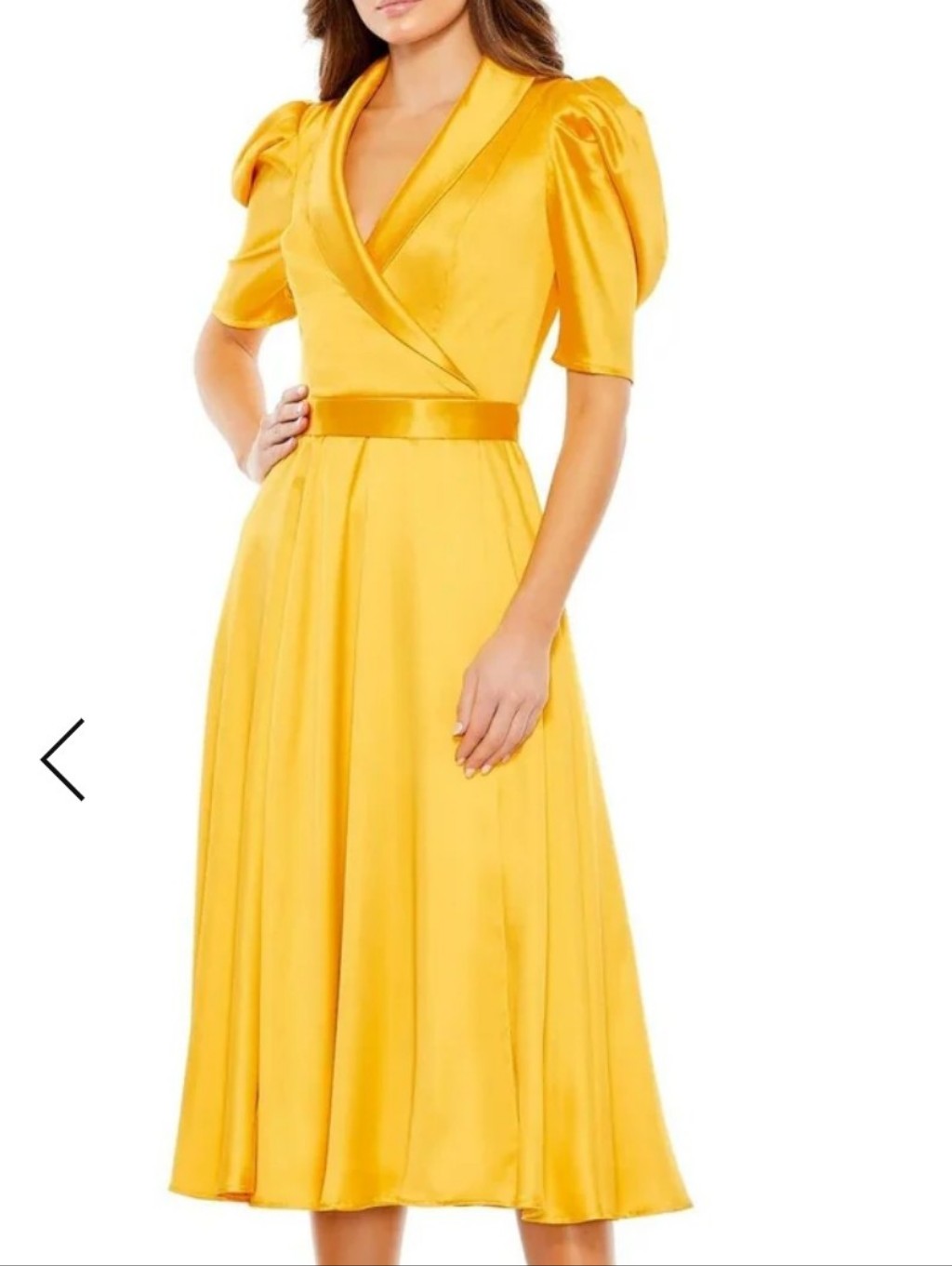 New Ieena Mac Duggal Satin Lapel Puff Sleeve Tea Length A Line Dress 0 Marigold
